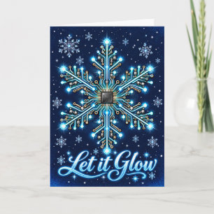 Circuit Board Snowflake with Glowing Blue Microchi Holiday Card