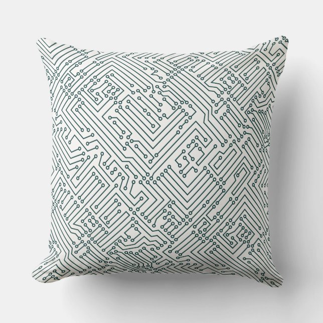 Circuitry - Dark Moss Green on White Cushion (Front)