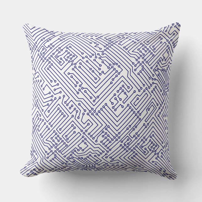 Circuitry - Deep Navy Blue on White Cushion (Front)