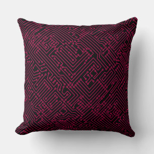 Circuitry - Neon Red on Black Cushion