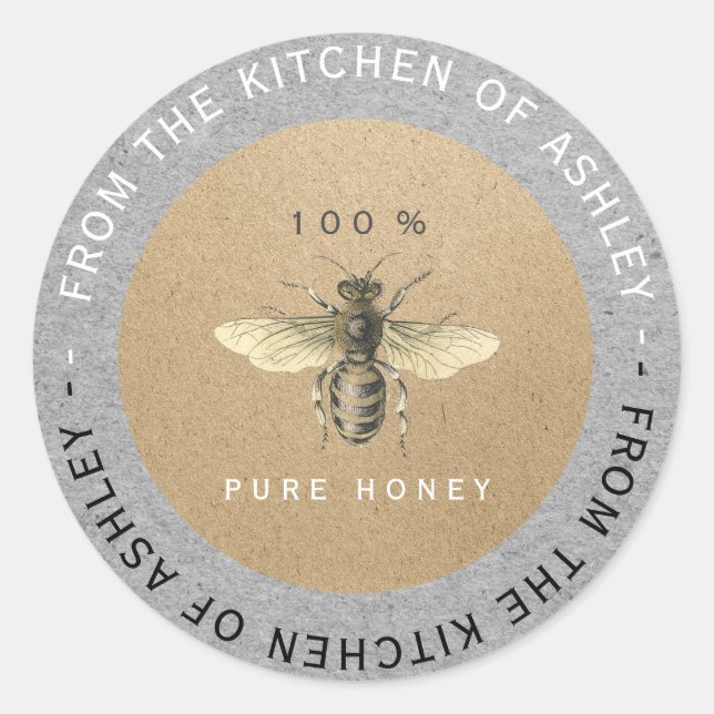 Circular 100%Homemade Honey Kitchen Kraft Bee Grey Classic Round Sticker (Front)
