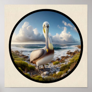 Circular 3D Image of a Beautiful Brown Pelican Poster