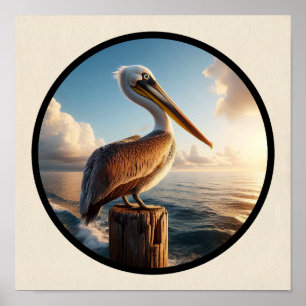 Circular 3D Image of a Beautiful Brown Pelican Poster