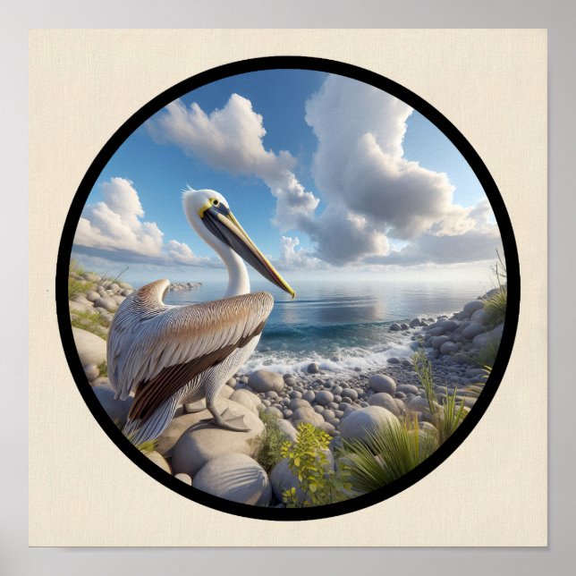 Circular 3D Image of a Beautiful Brown Pelican Poster (Front)