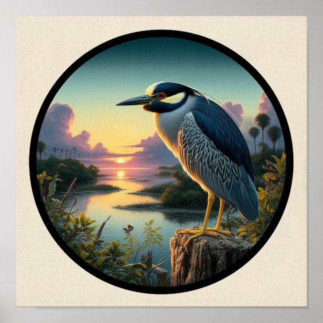 Circular 3D Image of a Yellow-crowned Night Heron Poster (Front)