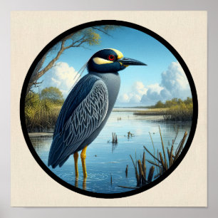 Circular 3D Image of a Yellow-crowned Night Heron Poster