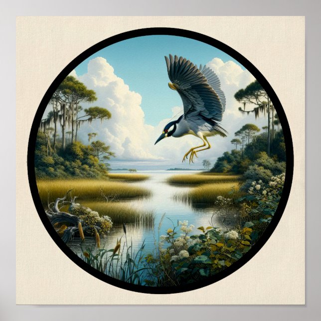 Circular 3D Image of a Yellow-crowned Night Heron Poster (Front)