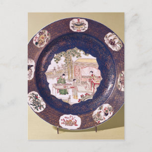 Circular dish with a musical scene postcard