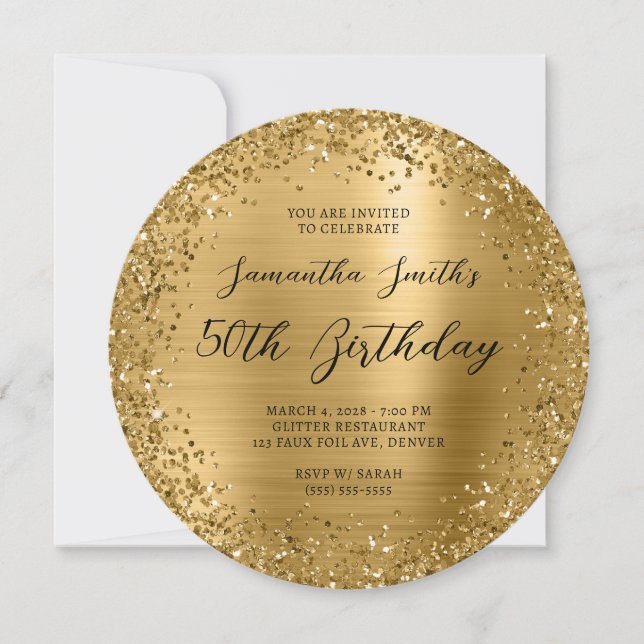 Circular Gold Glitter Foil 50th Birthday Invitation (Front)