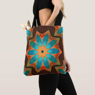 Circular kaleidoscope in a mix of woody and satin tote bag