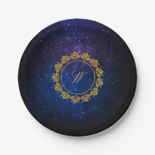 Circular Pattern Monogram on Blue Galaxy Paper Plate