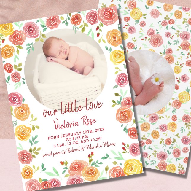 Circular Photo Floral Watercolor Birth Announcement (Creator Uploaded)
