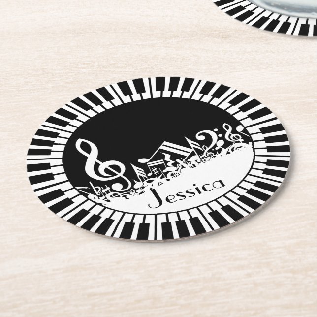 Circular Piano Keys and Jumbled Music Notes Round Paper Coaster (Angled)