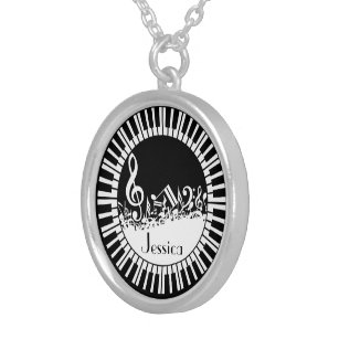 Circular Piano Keys and Jumbled Music Notes Silver Plated Necklace