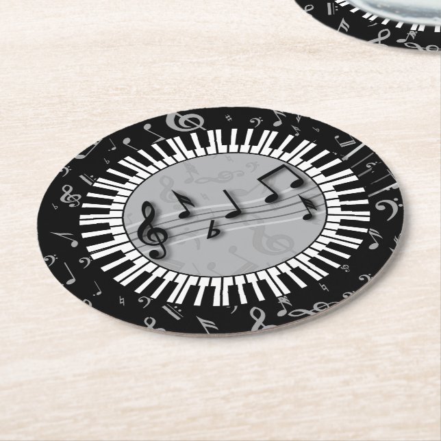 Circular Piano keys with musical notes centre Round Paper Coaster (Angled)