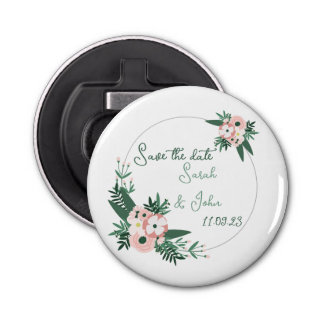 Circular pink, gray, teal flower save the date bottle opener