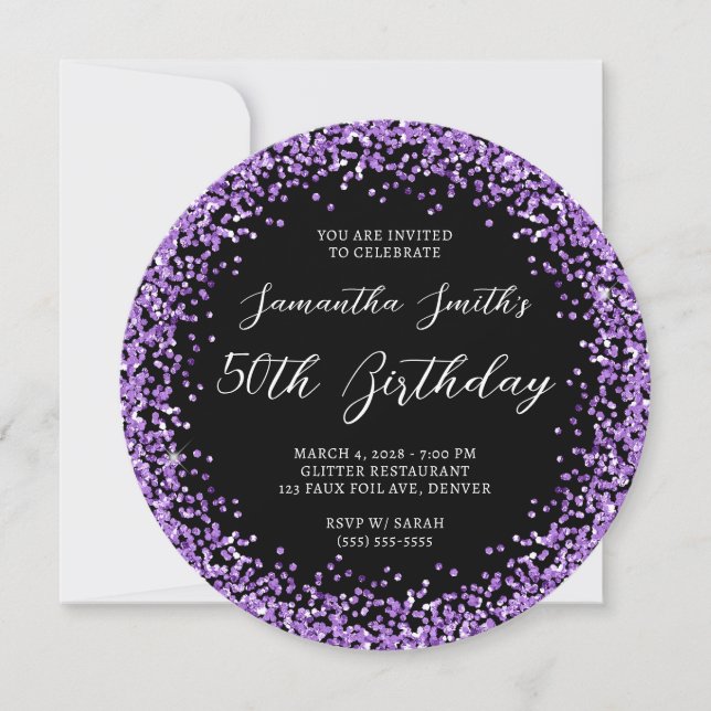 Circular Purple Glitter Black 50th Birthday Invitation (Front)