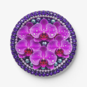 Circular Purple Orchid Floral Arrangement Paper Plate