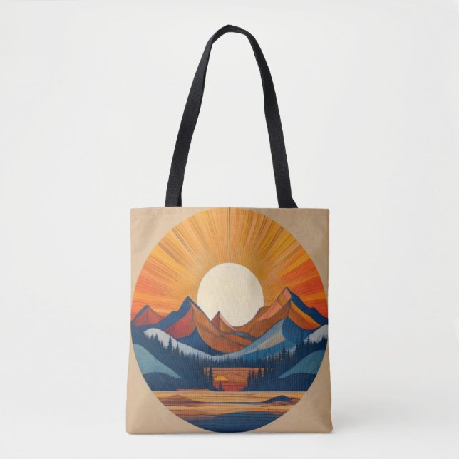 Circular Radiant Sun and Mountain Landscape Tote Bag (Front)