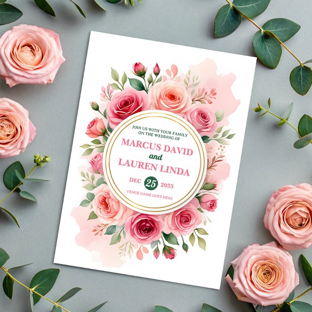 Circular Rose Frame Watercolor Wedding Invitation (Creator Uploaded)