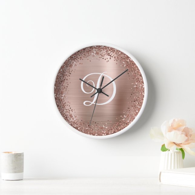 Circular Rose Gold Glitter and Foil Monogram Clock (Home)