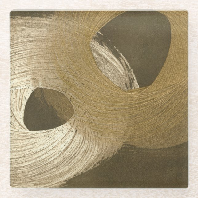Circular Sandstorm in Tan and Dark Brown Glass Coaster (Front)