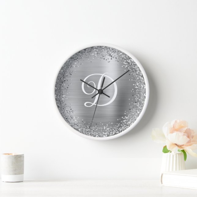 Circular Silver Glitter and Foil Monogram Clock (Home)