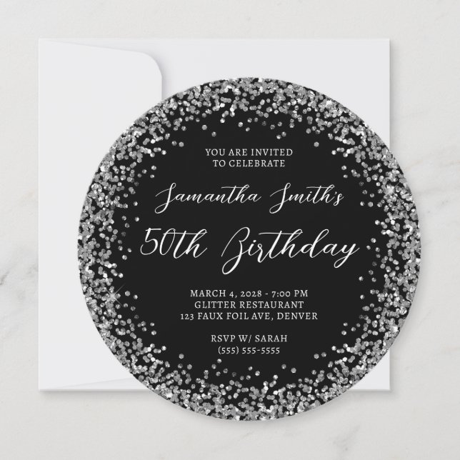 Circular Silver Glitter Black 50th Birthday Invitation (Front)