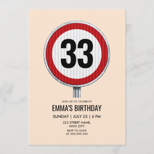 Circular speed sign with custom age birthday party invitation