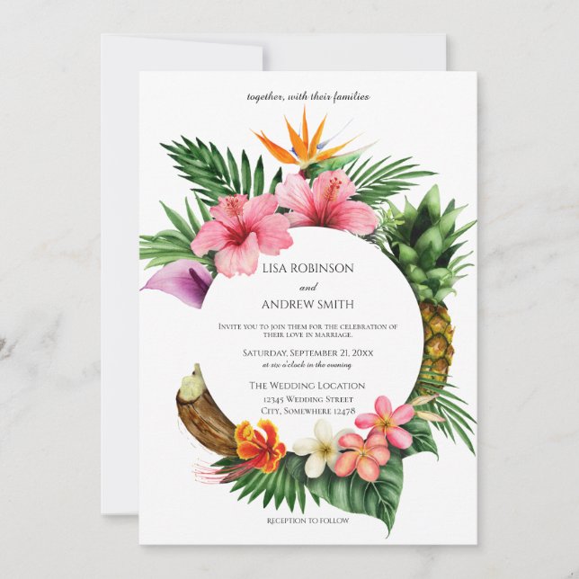Circular Tropical Hawaiian Floral Coconut Wedding Invitation (Front)
