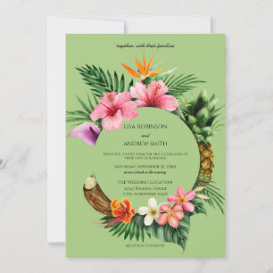 Circular Tropical Hawaiian Floral Wedding- Green Invitation