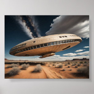 Circular UFO Over Desert Poster