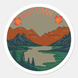 Circular Vintage Autumn Mountain Lake Fall Sticker