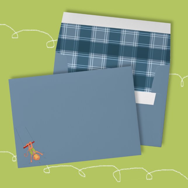 Circus Acrobat Monkey Blue Envelope (Cute blue envelope with a cartoon monkey swinging on a trapeze . )