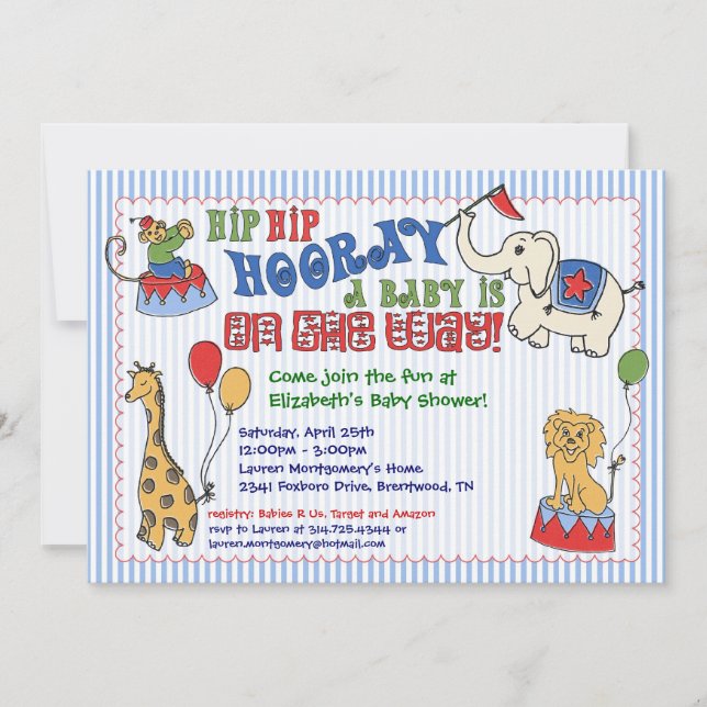 Circus Animal Baby Shower Invitation - Blue (Front)