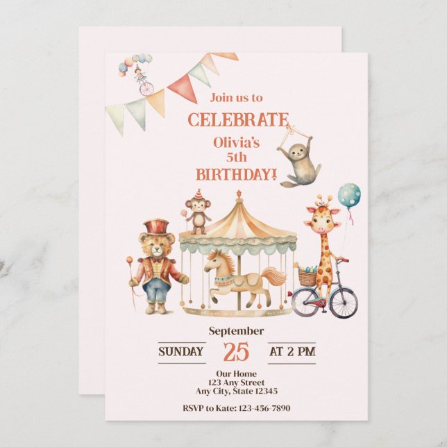 Circus Animal Birthday Invitation (Front/Back)