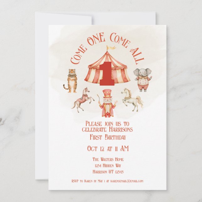 Circus Animal First Birthday Invitation (Front)