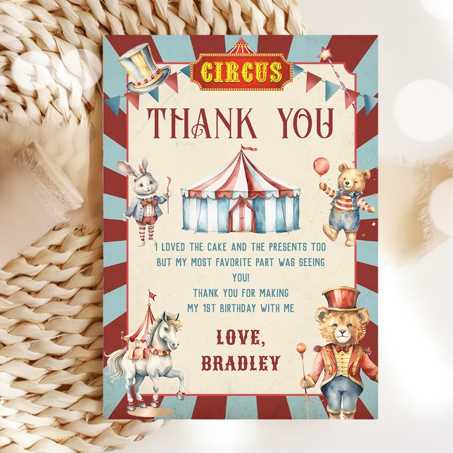 Circus Animals Carnival Birthday Thank You Card (Creator Uploaded)