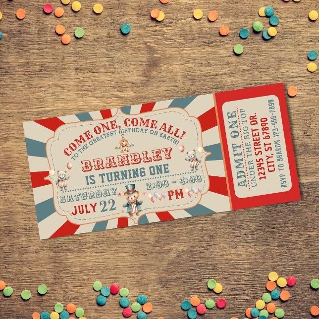 Circus Animals Carnival Ticket Birthday Invitation (Creator Uploaded)