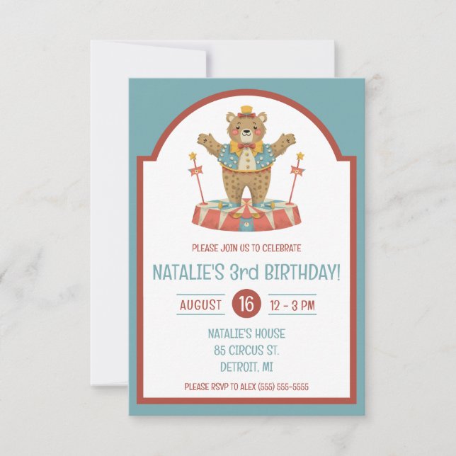 Circus Bear on Podium Kids' Birthday Party Invitation (Front)
