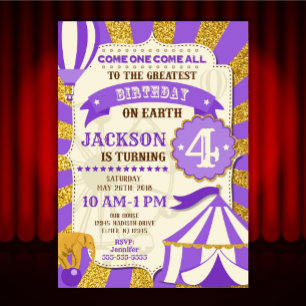 Circus Birthday Invitation Carnival Purple Gold