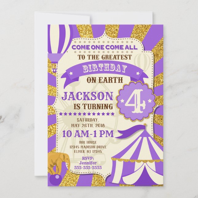 Circus Birthday Invitation Carnival Purple Gold (Front)