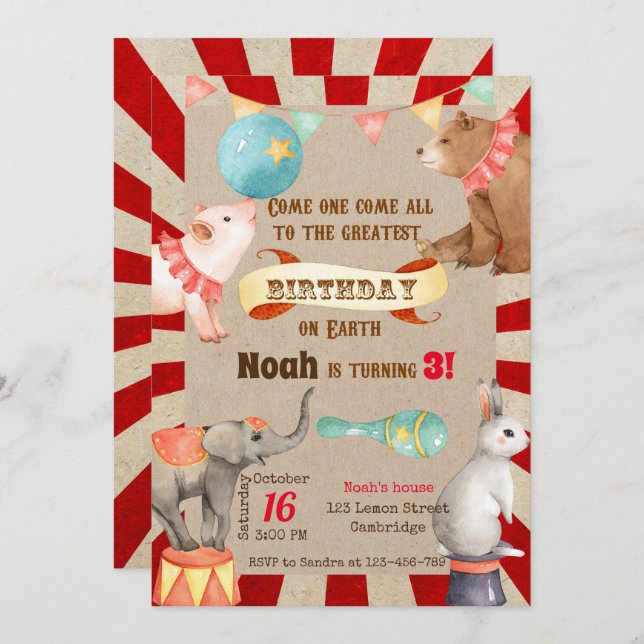 Circus Birthday Invitation, Circus Invitation (Front/Back)