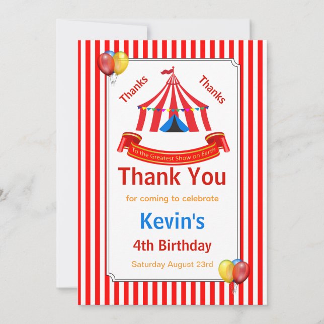 Circus Birthday Party Red Thank You Card (Front)