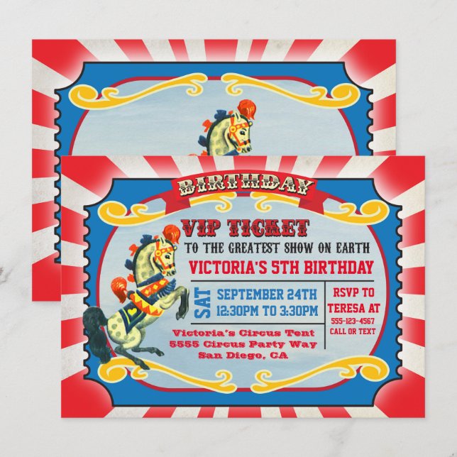 Circus Birthday Party VIP Ticket Invitation (Front/Back)