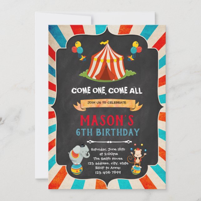 Circus birthday shower party invitation (Front)