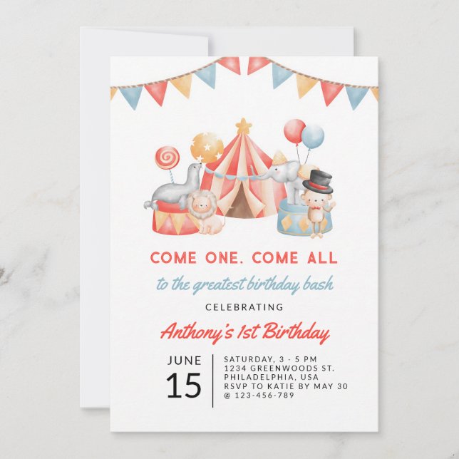 Circus Carnival 1st Birthday Invitation (Front)