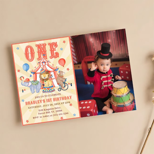 Circus Carnival & Animals 1st Birthday Photo Invitation (Creator Uploaded)