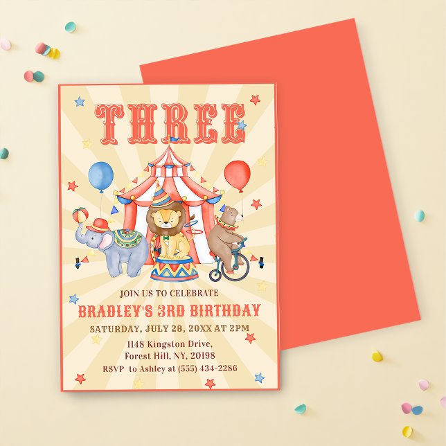 Circus Carnival & Animals 3rd Birthday Party Invitation (Creator Uploaded)