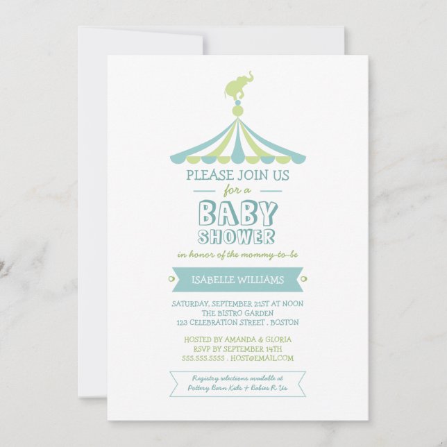 Circus Carnival Blue Green Baby Shower Invitation (Front)